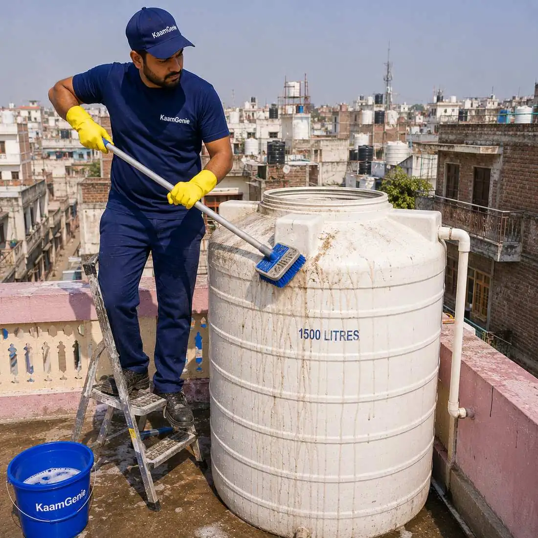 KaamGenie crew cleaning a water tank in Vishnu Garden, West Delhi
