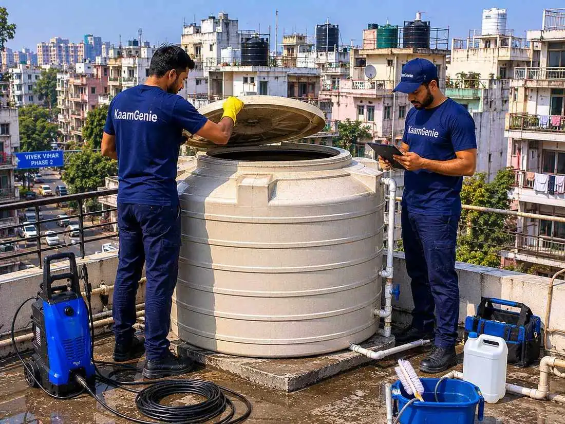 KaamGenie crew cleaning a water tank in Vivek Vihar, East Delhi