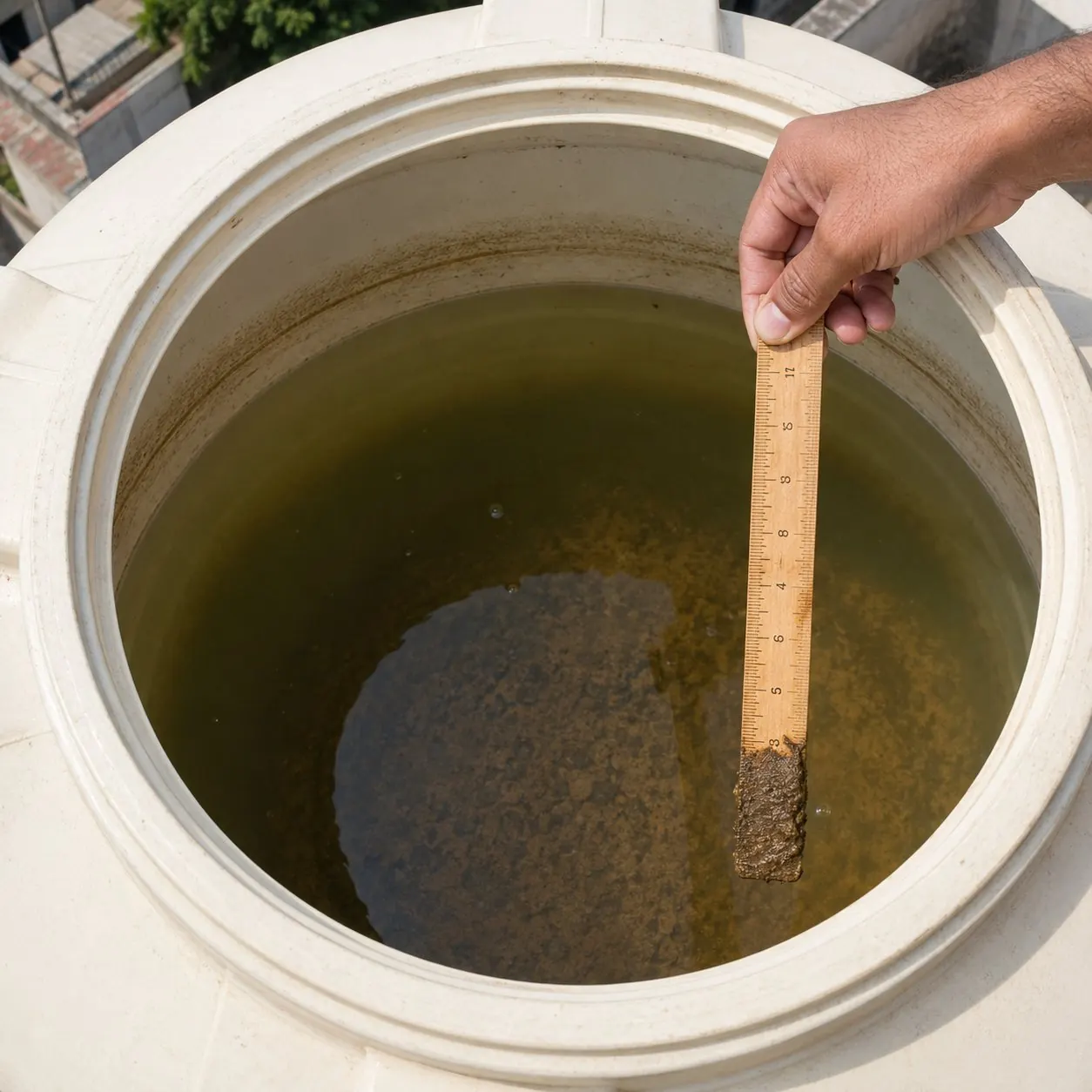 Top-down view of a Delhi rooftop plastic water tank with a wooden ruler measuring 3-4 inches of dark brown sludge and mineral sediment built up at the bottom from years of skipped cleanings