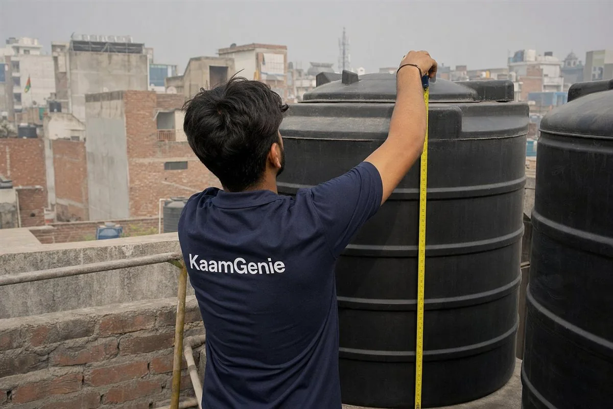 KaamGenie crew member in a navy shirt measuring a rooftop overhead water tank on a Delhi terrace