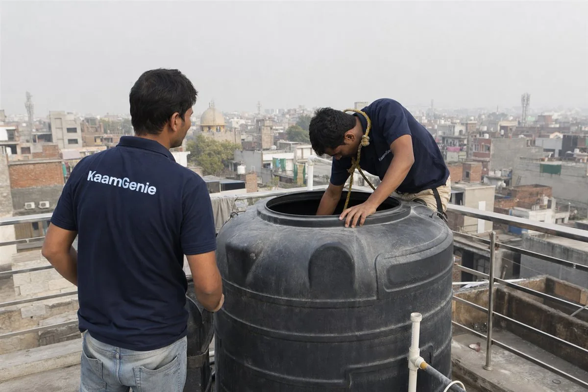 KaamGenie crew member in a navy shirt cleaning a large overhead water tank on a Delhi rooftop