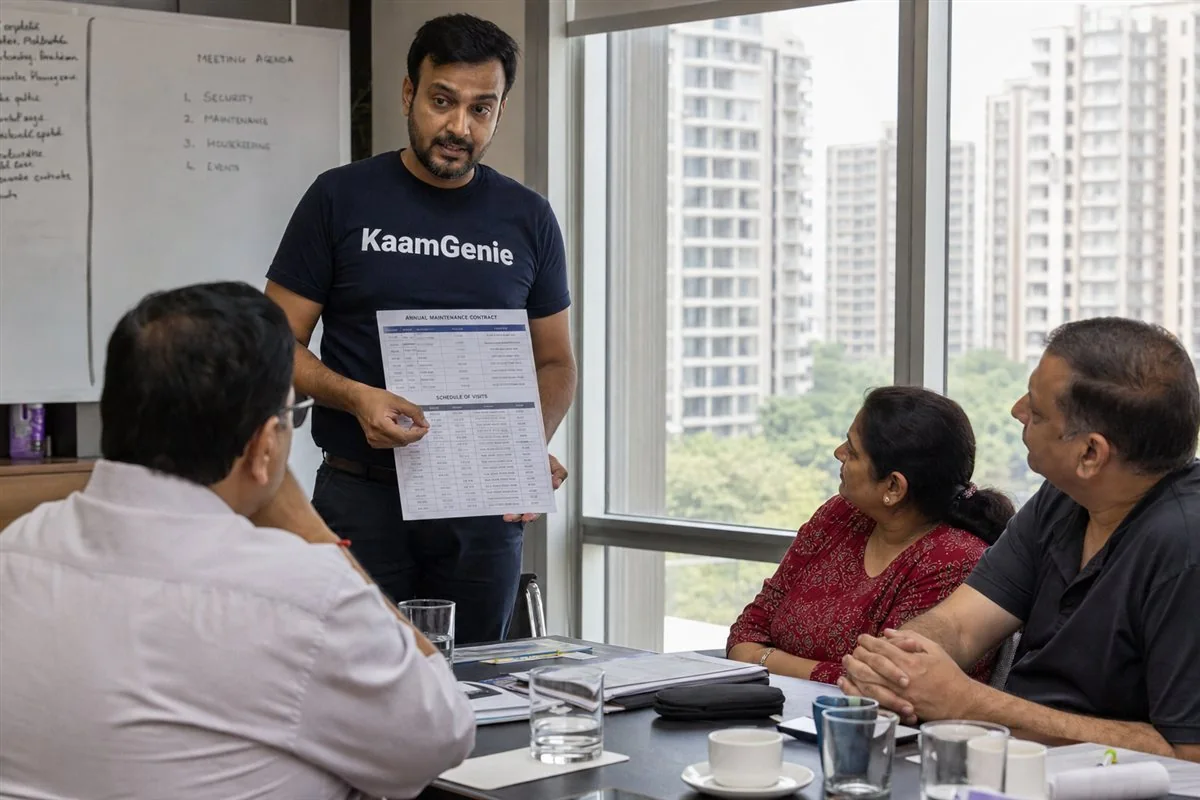 KaamGenie crew servicing the underground reservoir and rooftop tower tanks of a Gurgaon condo society under an annual maintenance contract