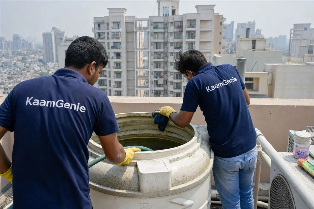 KaamGenie crew opening the underground reservoir hatch of a Gurgaon condo society, with rooftop tower tanks visible in the background