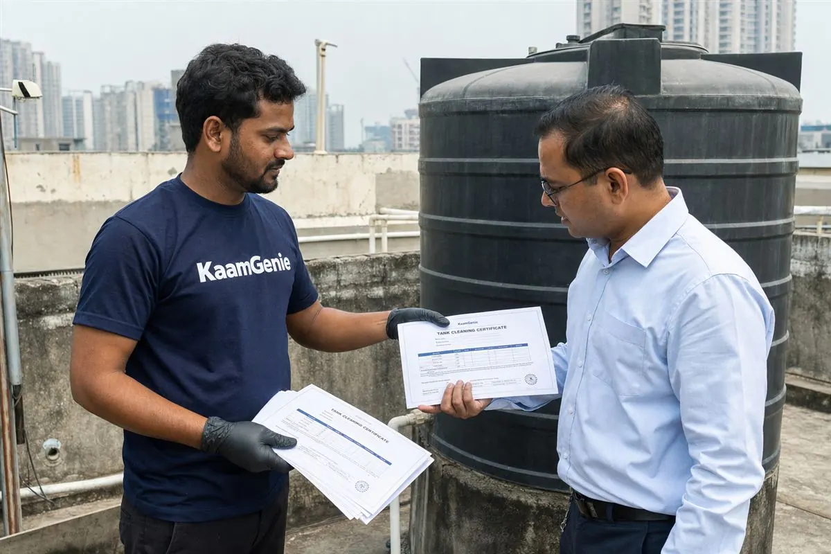 KaamGenie supervisor surveying and logging each rooftop tank capacity on a Gurgaon condo tower before preparing an AMC quote