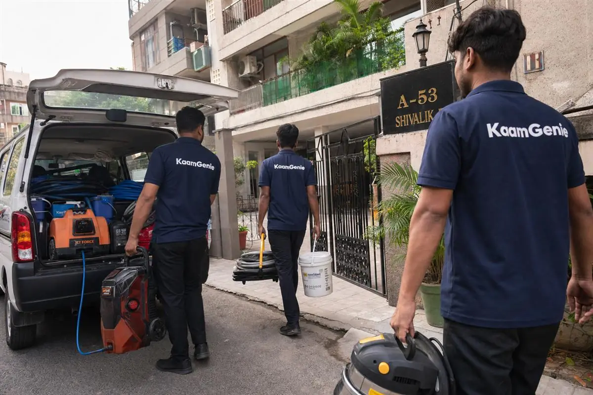 KaamGenie crew arriving for a scheduled AMC water tank cleaning visit at a Delhi society building