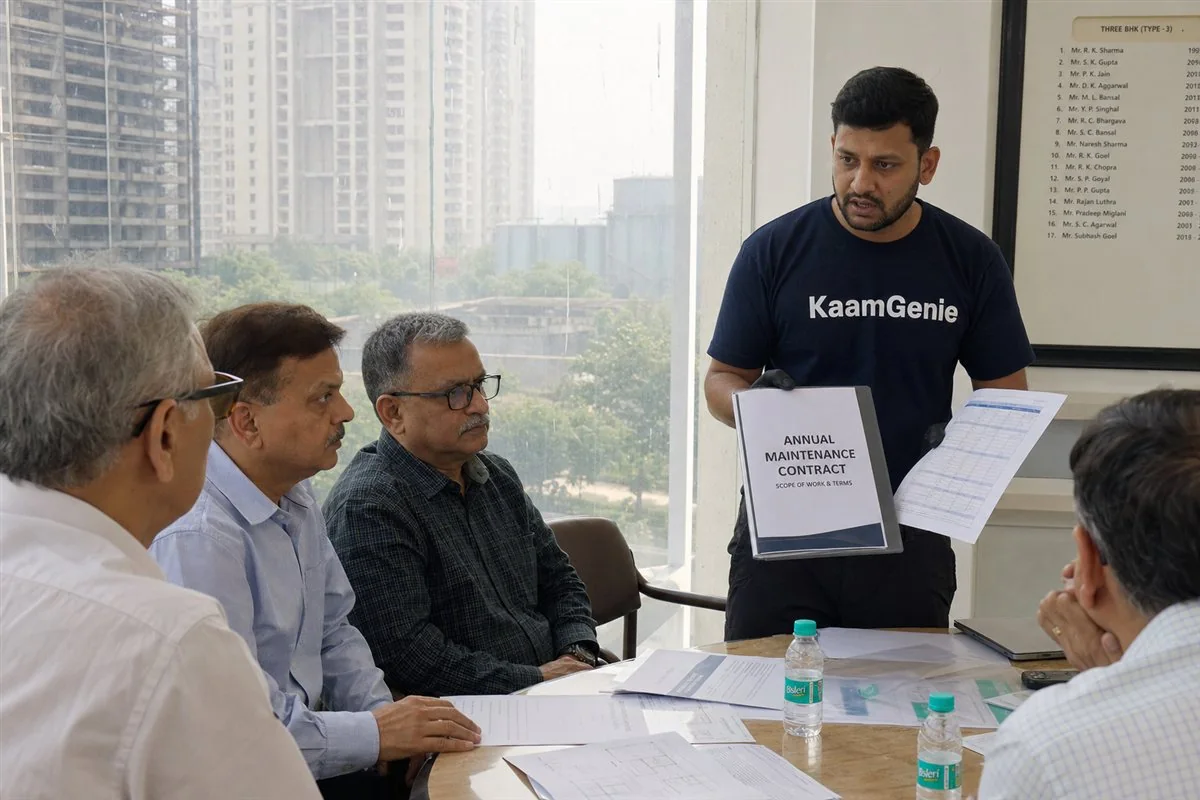 KaamGenie crew servicing a Noida society water tank under an annual maintenance contract with residential towers behind