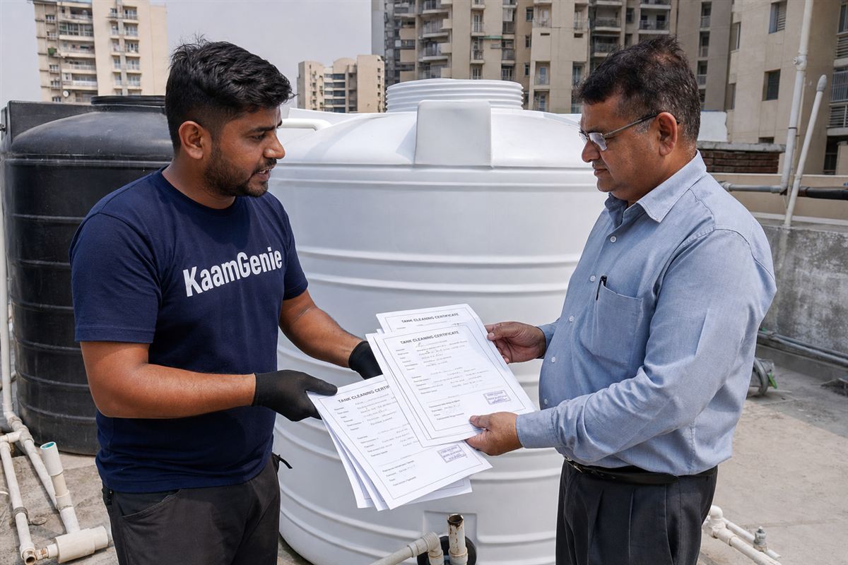 AOA committee member reviewing a water tank cleaning AMC service-level agreement and per-tank certificates at a Noida society office