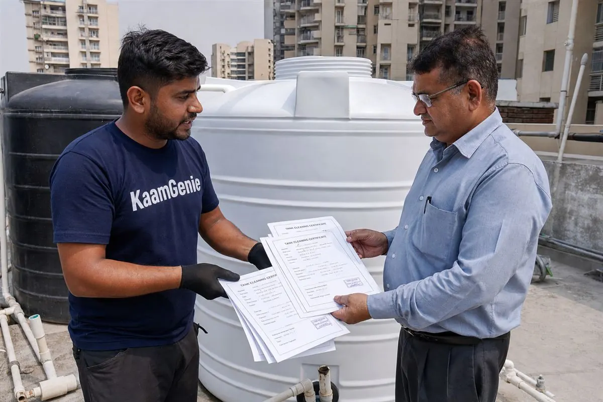 AOA committee member reviewing a water tank cleaning AMC service-level agreement and per-tank certificates at a Noida society office
