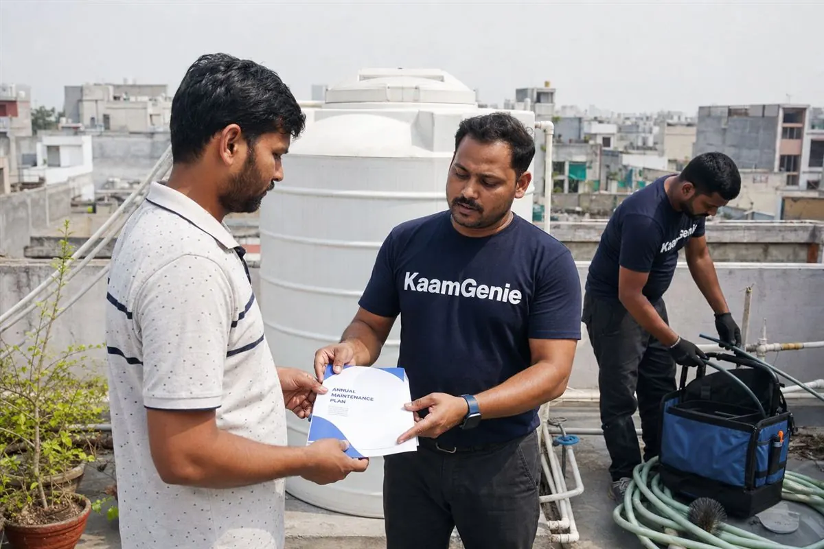 KaamGenie crew arriving for a scheduled annual maintenance contract water tank cleaning visit on a Delhi rooftop
