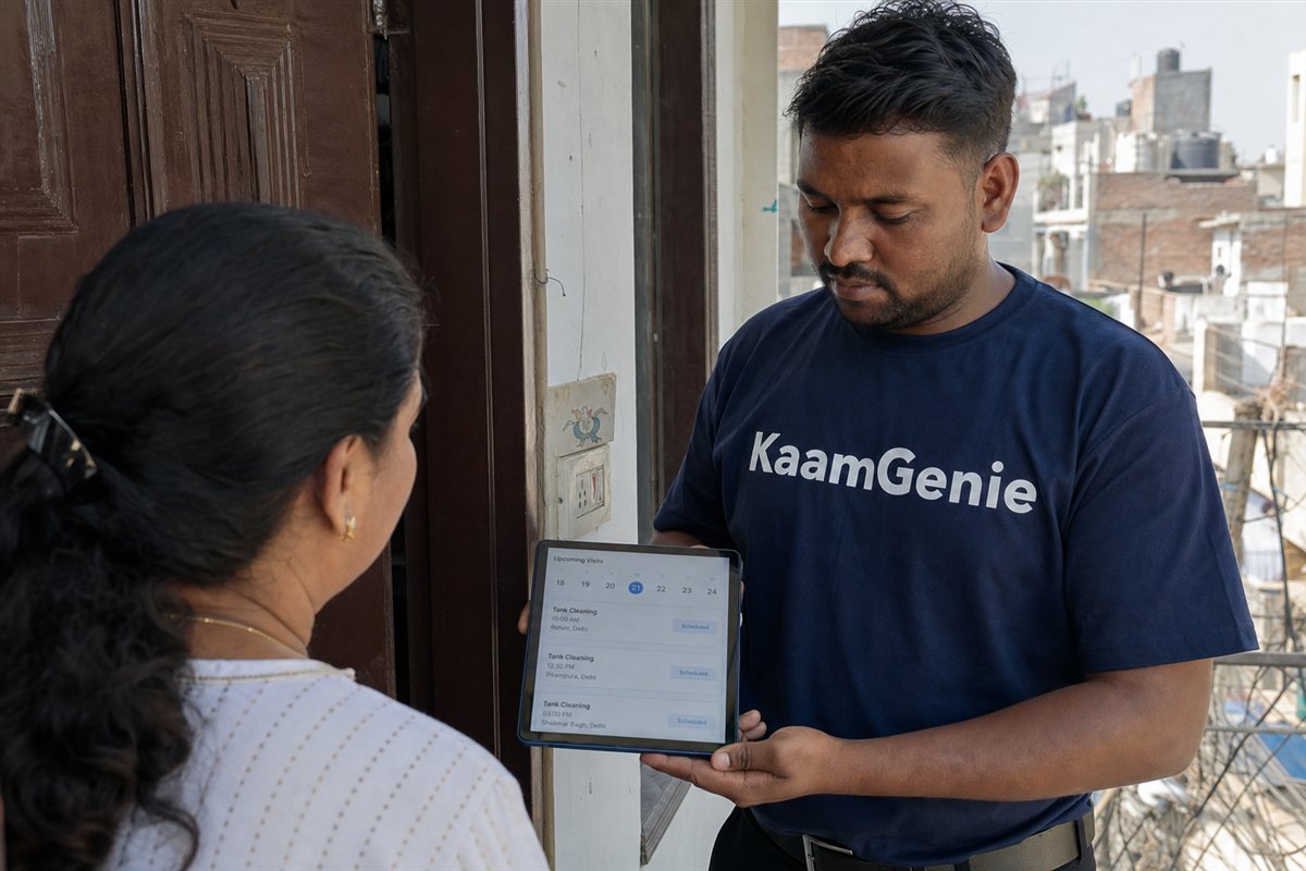 KaamGenie technician handing a Delhi homeowner a signed annual maintenance contract record with the cleaning schedule listed