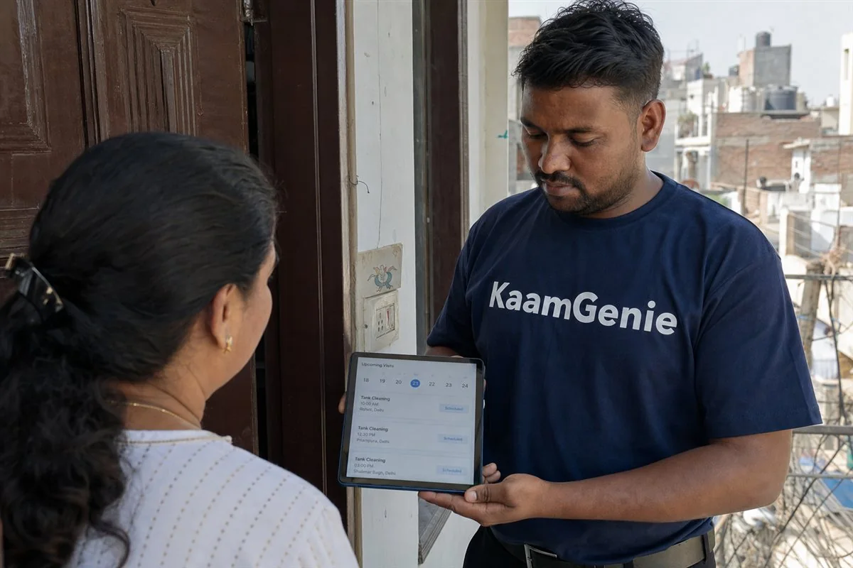 KaamGenie technician handing a Delhi homeowner a signed annual maintenance contract record with the cleaning schedule listed