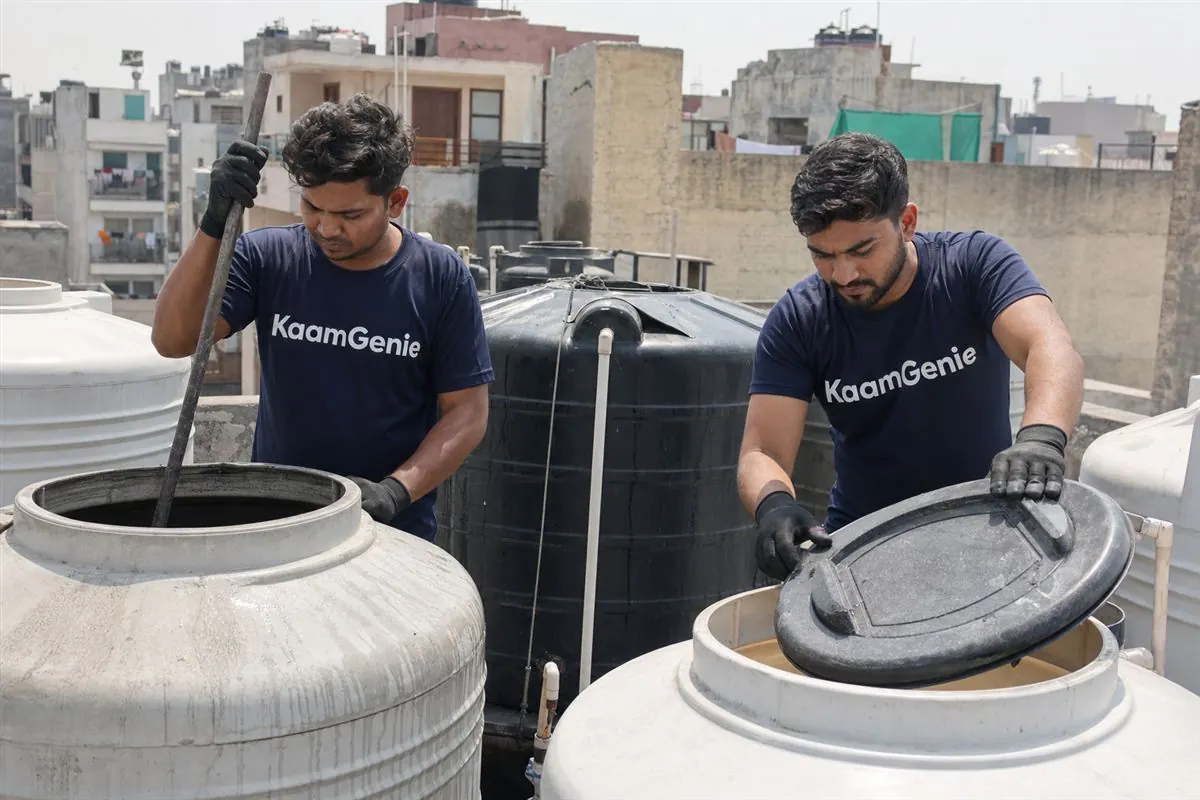 Side-by-side comparison on a notepad of annual cost of ad-hoc one-time water tank cleans versus an AMC plan for a Delhi home