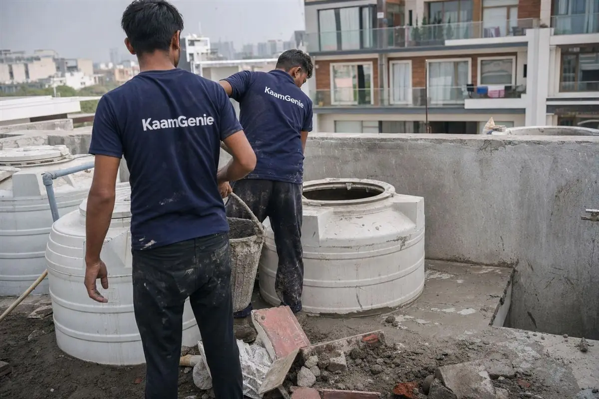 Cement slurry and construction debris being scooped from a new water tank in a Gurgaon flat before move-in