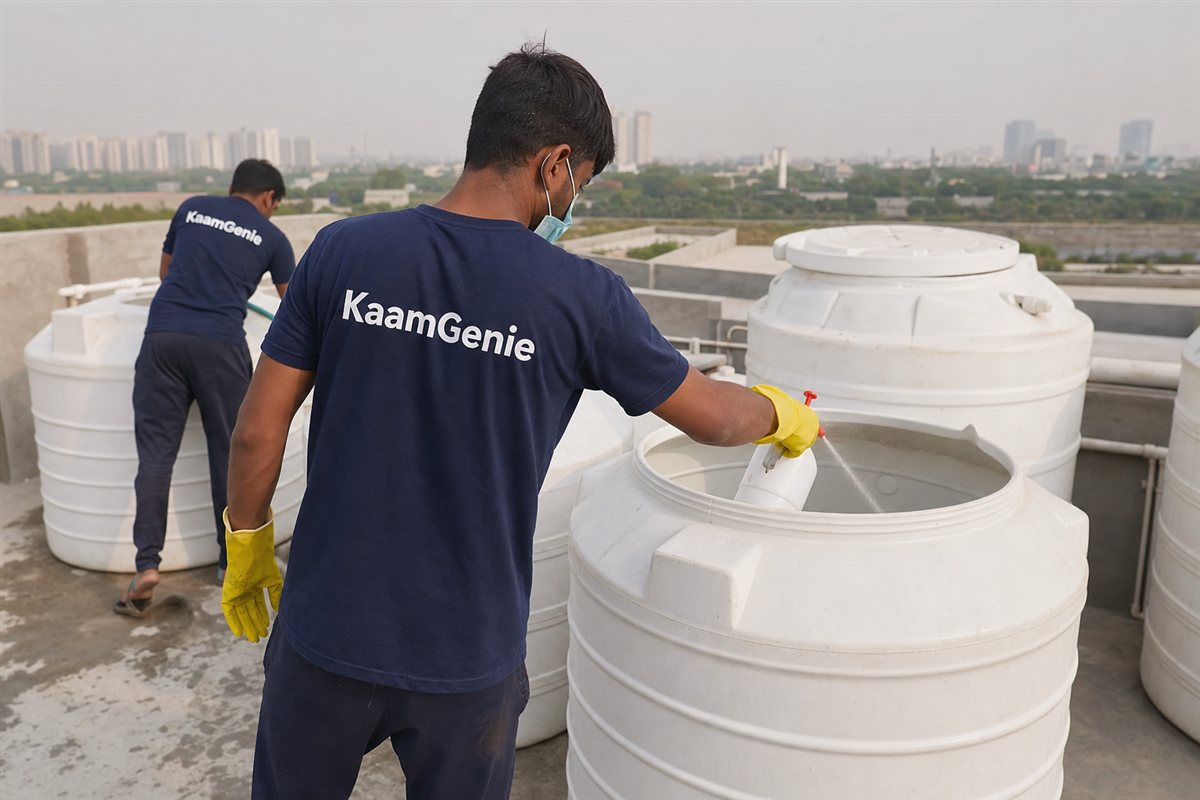 A KaamGenie worker in a navy shirt disinfecting a freshly cleaned water tank before move-in at a Gurgaon flat