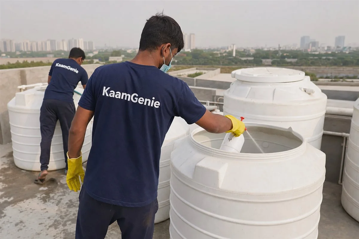 A KaamGenie worker in a navy shirt disinfecting a freshly cleaned water tank before move-in at a Gurgaon flat
