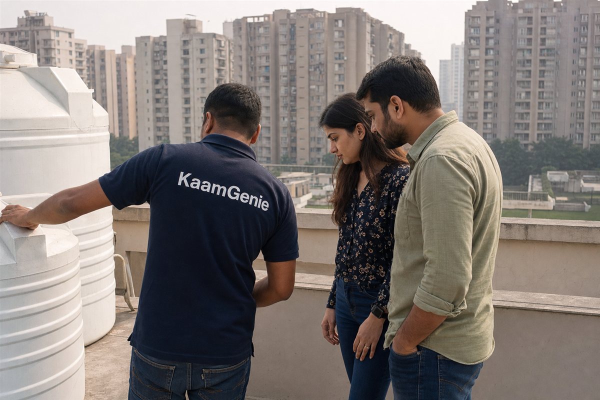 A young couple with a KaamGenie crew member in a navy shirt inspecting the rooftop water tank of a newly handed-over Noida flat before moving in