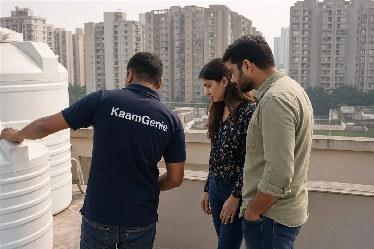 A young couple with a KaamGenie crew member in a navy shirt inspecting the rooftop water tank of a newly handed-over Noida flat before moving in