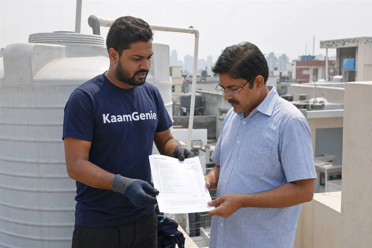 KaamGenie crew cleaning a rooftop overhead water tank with the wider Delhi NCR skyline of towers visible behind