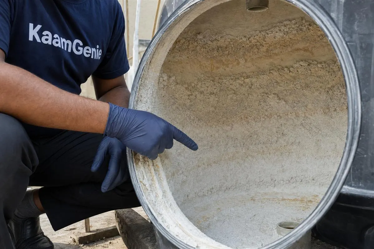A large underground reservoir being cleaned at an NCR high-rise society, crew member in confined-space gear draining and scooping sludge from the floor