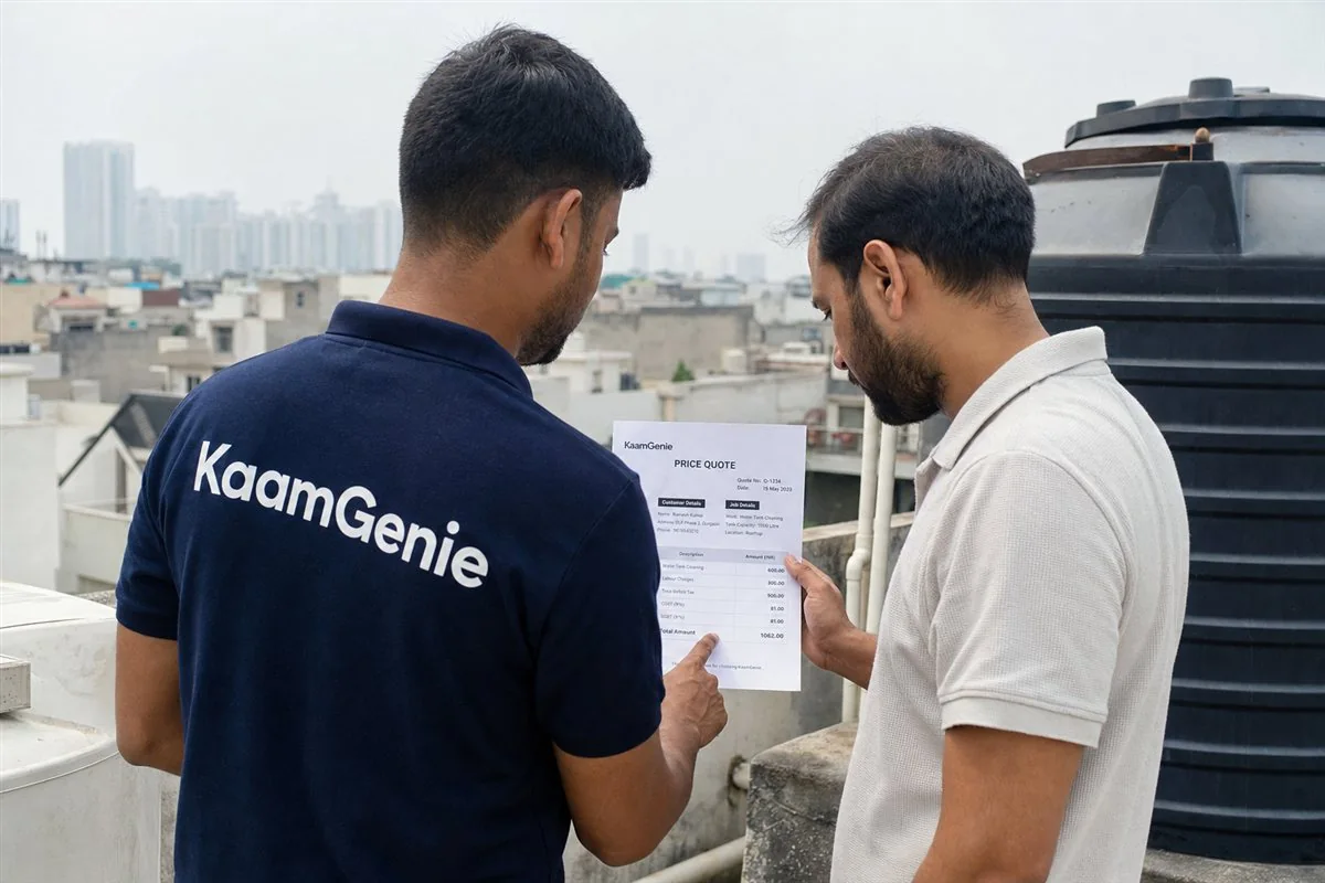 KaamGenie crew member and a Gurgaon homeowner reviewing a printed price quote beside a rooftop water tank