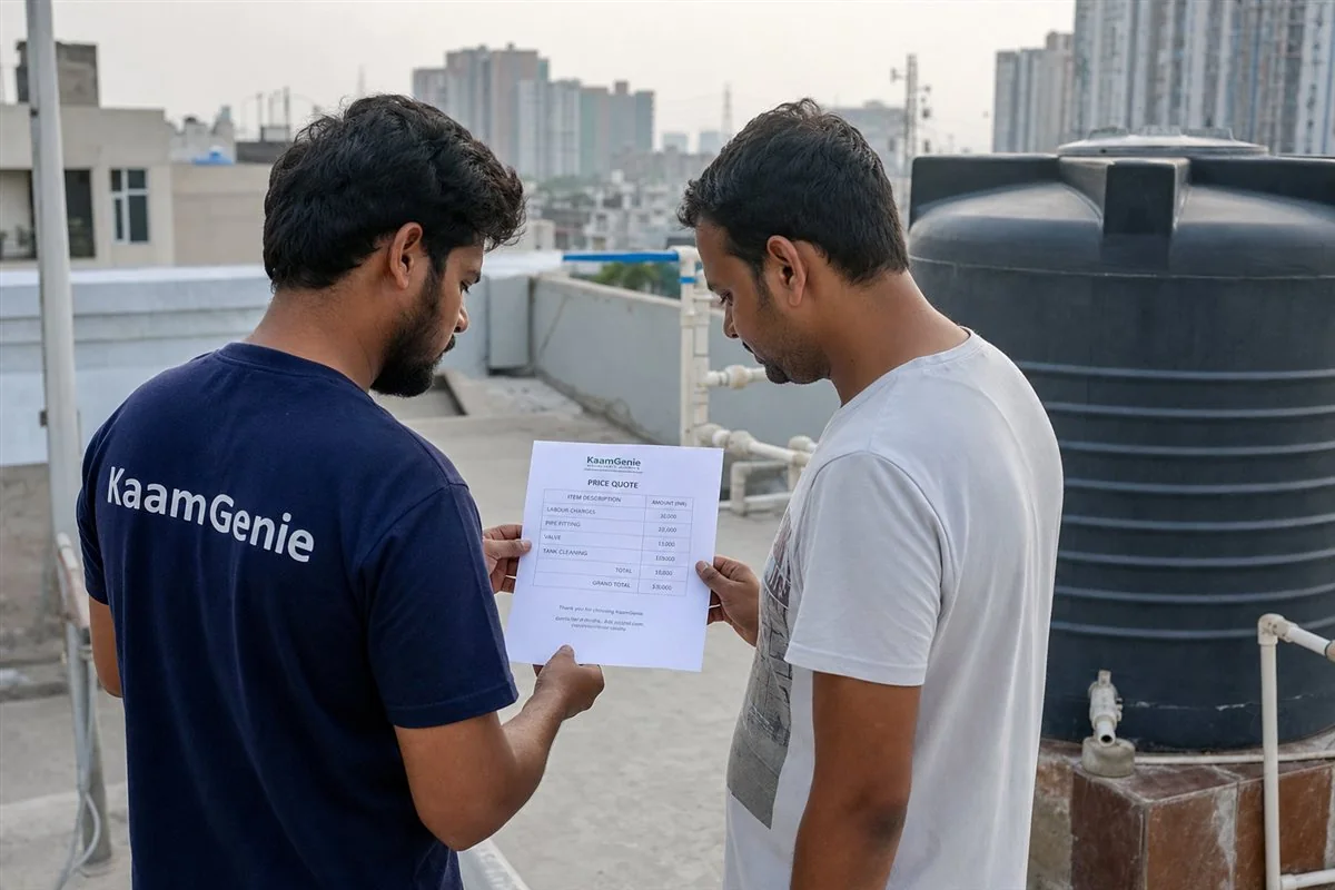 KaamGenie crew member in a navy shirt going through a printed water tank cleaning price quote with a Noida homeowner beside a rooftop tank