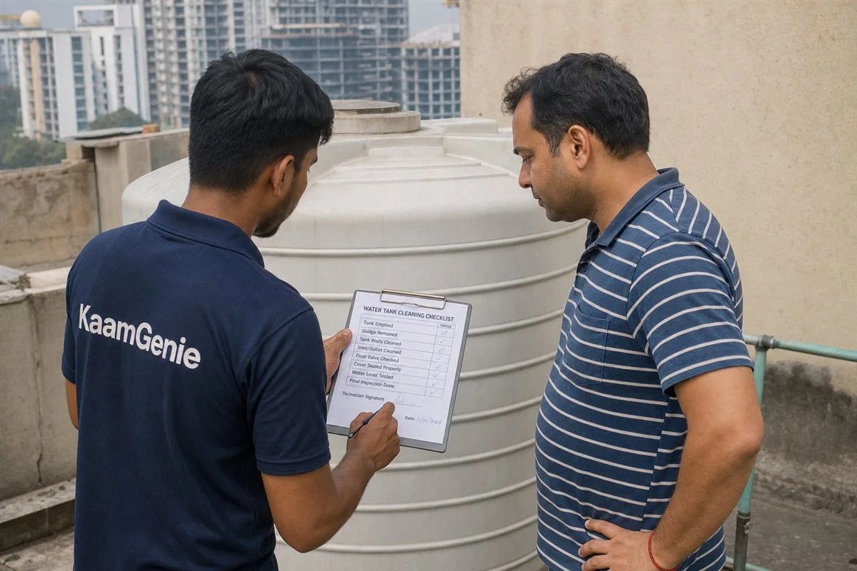 KaamGenie crew member in a navy shirt showing a Noida resident a completed water tank cleaning checklist beside a clean rooftop tank
