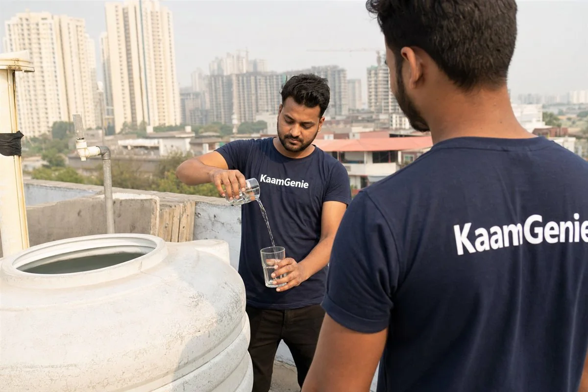 KaamGenie crew member in a navy shirt pouring a clear glass of water drawn from a freshly cleaned Noida tank