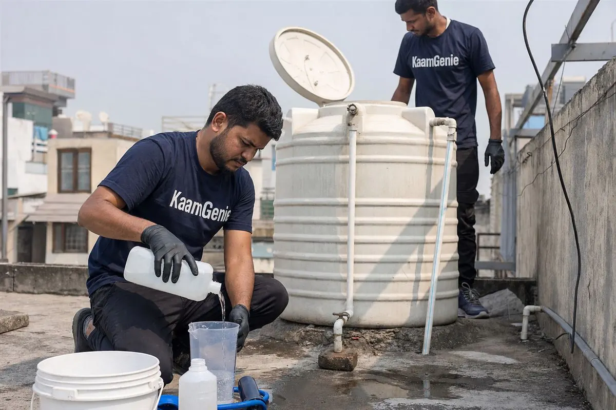 KaamGenie technician measuring food-grade sodium hypochlorite disinfectant before applying it inside a cleaned water tank in Delhi