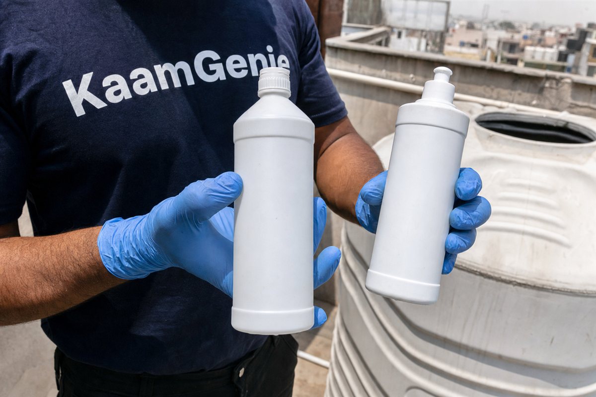 Side-by-side of a food-grade detergent bottle for scrubbing and a food-grade sodium hypochlorite container for disinfecting a water tank in Delhi