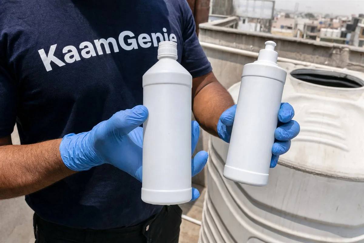 Side-by-side of a food-grade detergent bottle for scrubbing and a food-grade sodium hypochlorite container for disinfecting a water tank in Delhi
