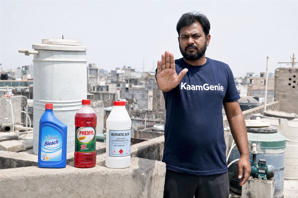 Warning illustration of unsafe water tank chemicals - scented bleach, phenyl floor cleaner and muriatic acid bottles crossed out, with a chlorine gas warning