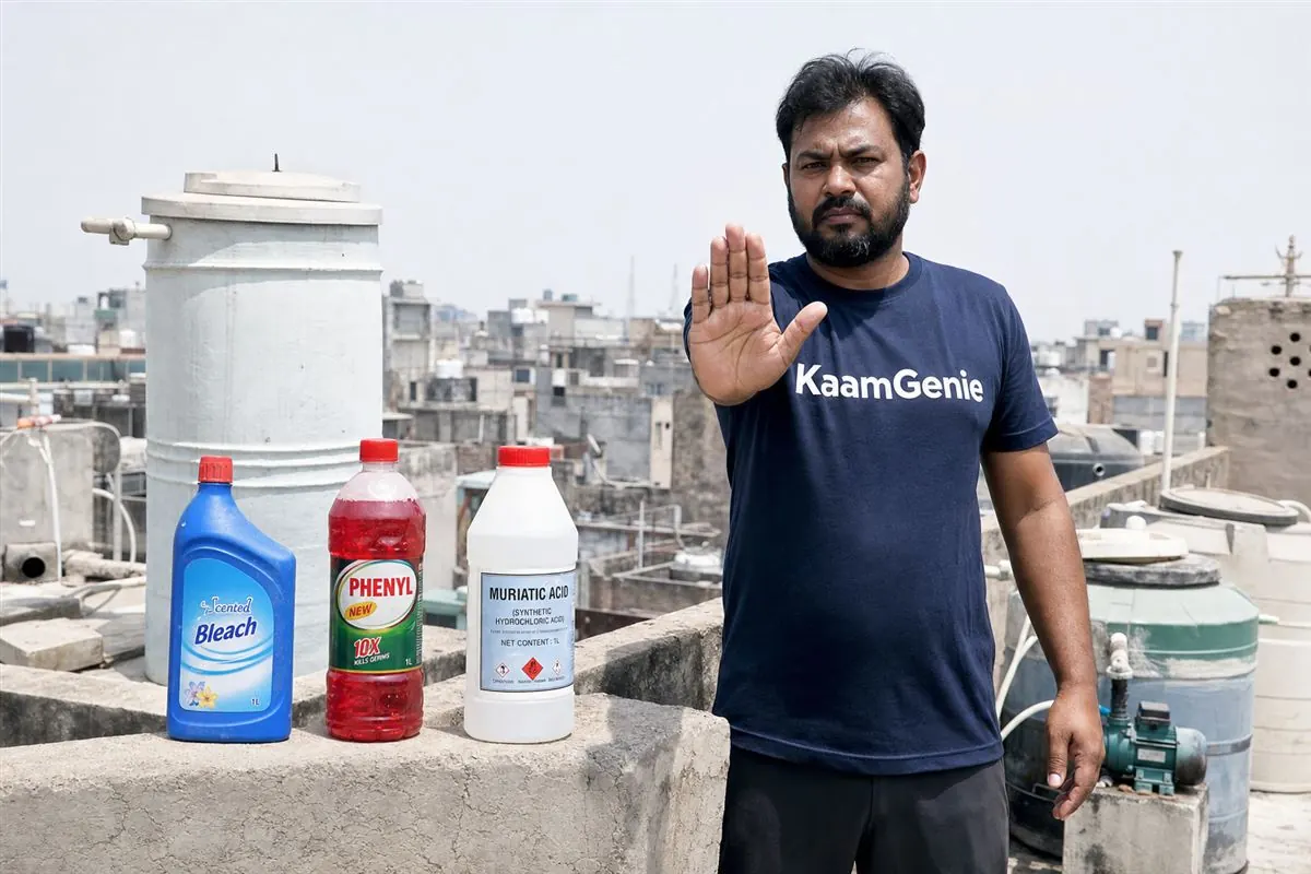 Warning illustration of unsafe water tank chemicals - scented bleach, phenyl floor cleaner and muriatic acid bottles crossed out, with a chlorine gas warning