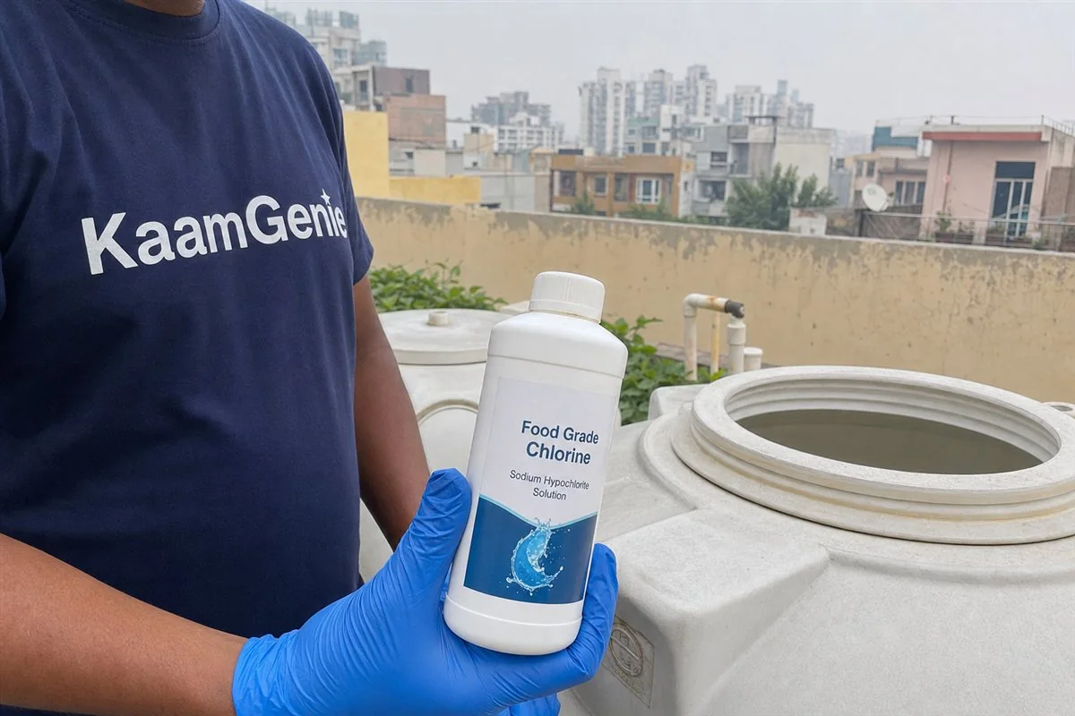 A gloved hand in a navy KaamGenie shirt holding a bottle of food-grade chlorine beside a clean Gurgaon water tank