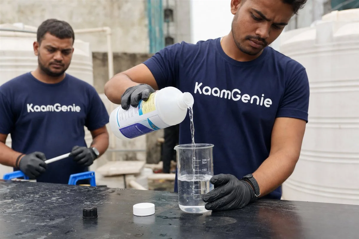Close-up of food-grade disinfectant being measured into a beaker before a Gurgaon water tank is disinfected