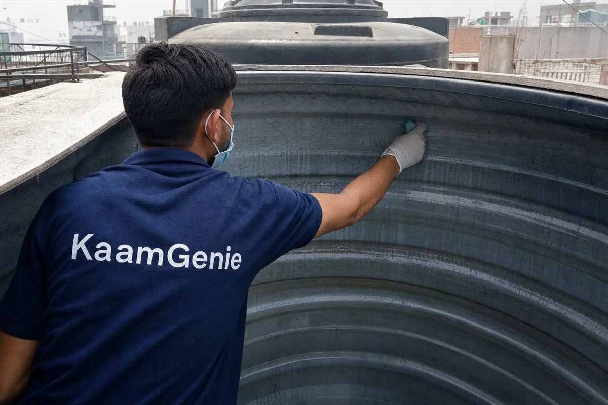 A worker in a navy KaamGenie shirt applying anti-bacterial solution to the walls of a Gurgaon water tank