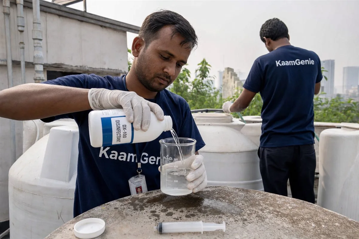 Close-up of food-grade disinfectant being measured into a beaker before being added to a Noida water tank