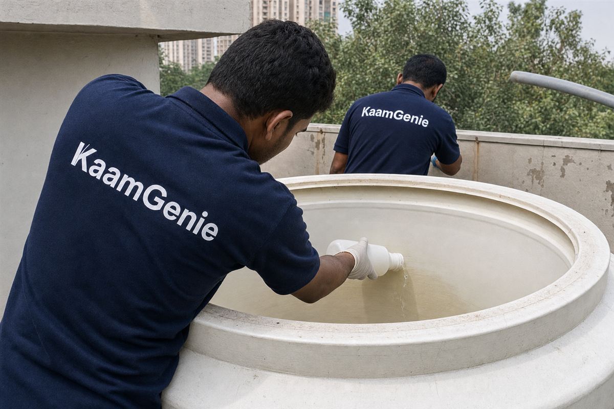 A worker in a navy KaamGenie shirt applying anti-bacterial disinfectant solution to the inside walls of a Noida water tank
