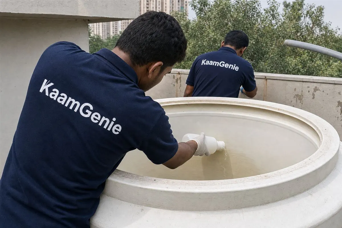 A worker in a navy KaamGenie shirt applying anti-bacterial disinfectant solution to the inside walls of a Noida water tank