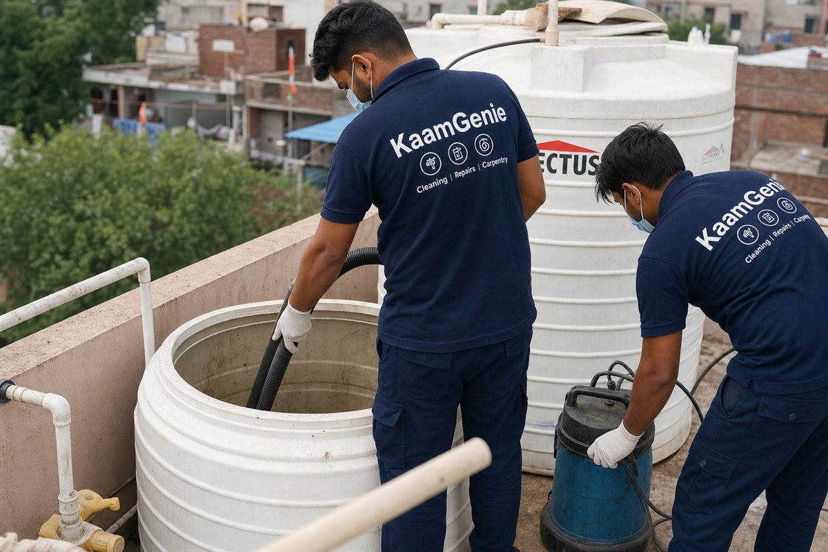 KaamGenie crew in navy shirts vacuum-cleaning a standard 1000-litre overhead water tank on a Delhi builder-floor rooftop