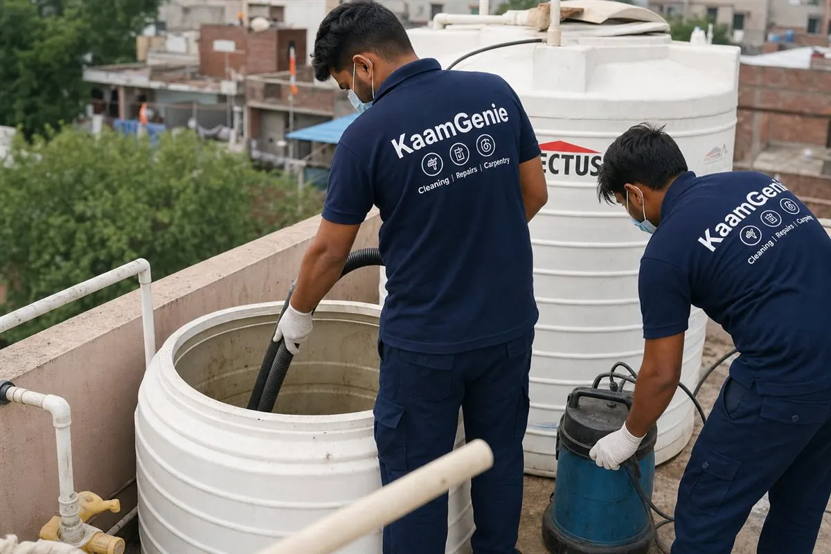 KaamGenie crew in navy shirts vacuum-cleaning a standard 1000-litre overhead water tank on a Delhi builder-floor rooftop