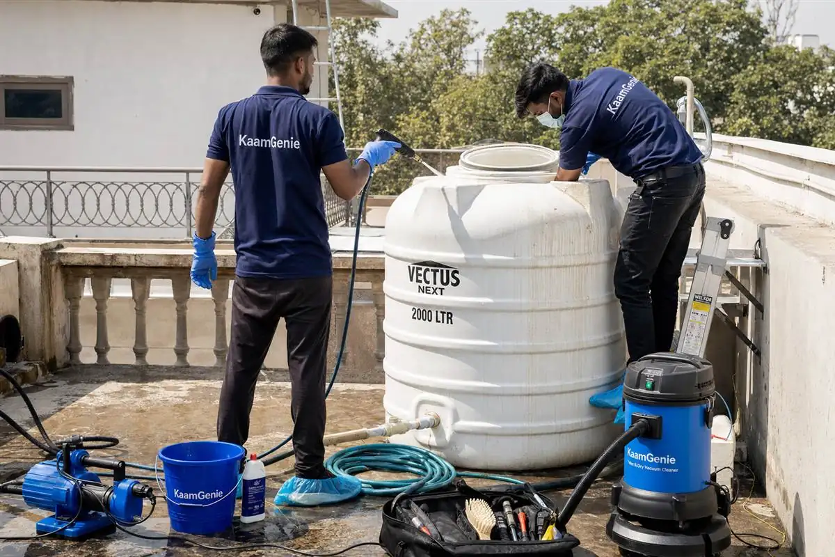 KaamGenie technicians in navy uniforms cleaning a large 2000-litre overhead water tank on a Delhi kothi terrace