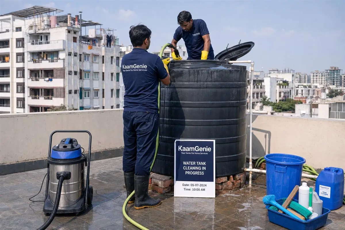 Two KaamGenie technicians in navy uniforms cleaning a large 5000-litre overhead water tank on a Delhi apartment society rooftop