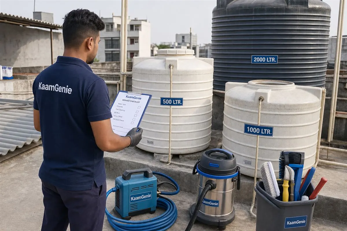 Water Tank Cleaning Cost by Tank Size (500L to 5000L) &mdash; KaamGenie water tank cleaning in Delhi NCR