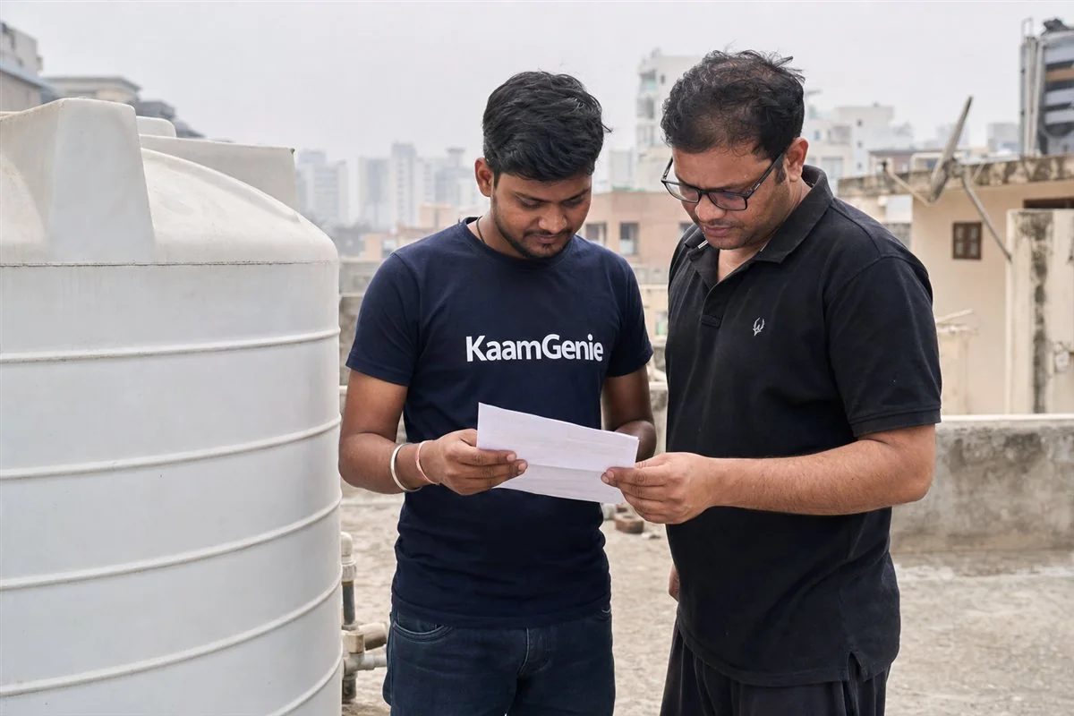 KaamGenie crew cleaning a rooftop water tank on a Gurgaon high-rise with the Golf Course Road skyline in the background