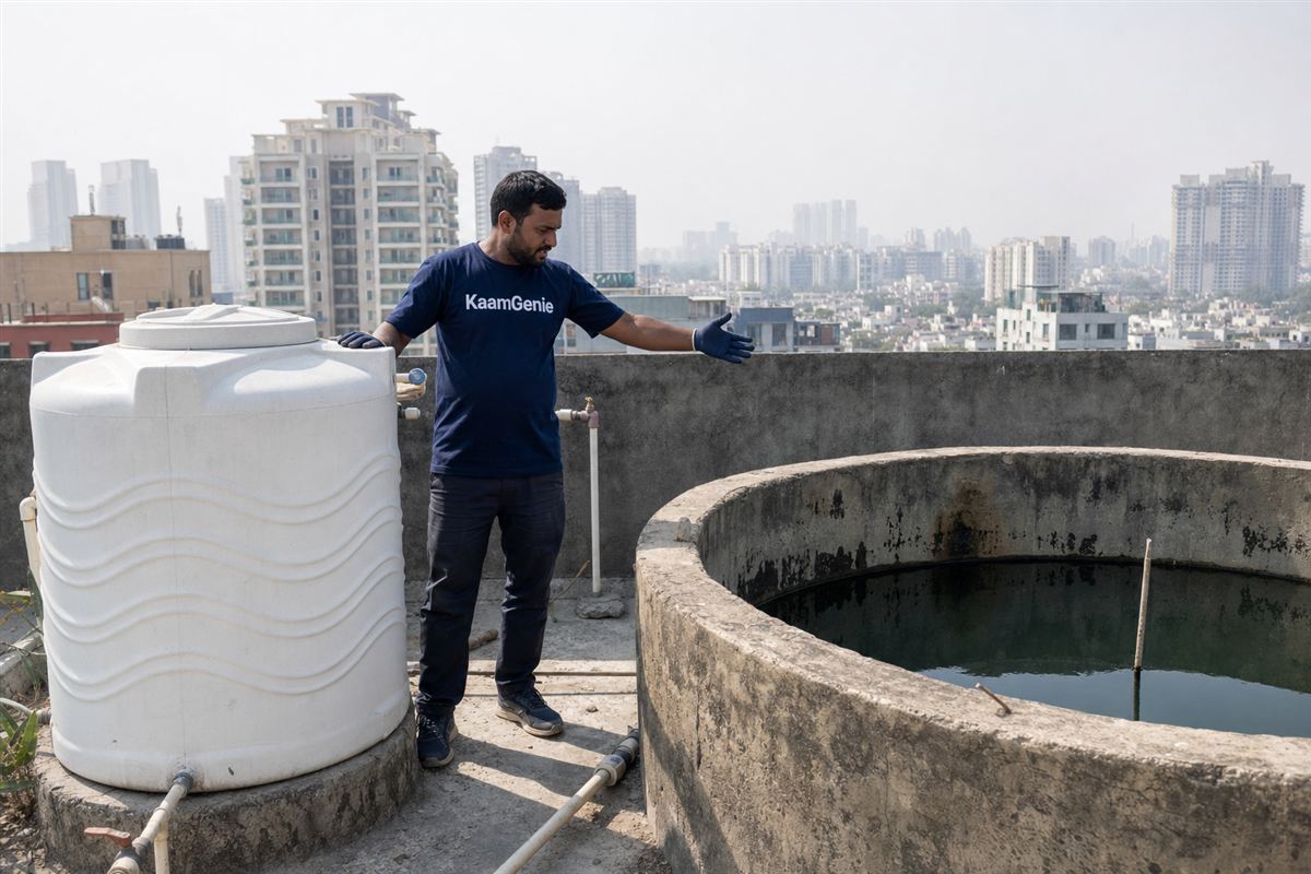 KaamGenie crew member scooping thick sediment from the bottom of a Gurgaon rooftop water tank into a bucket