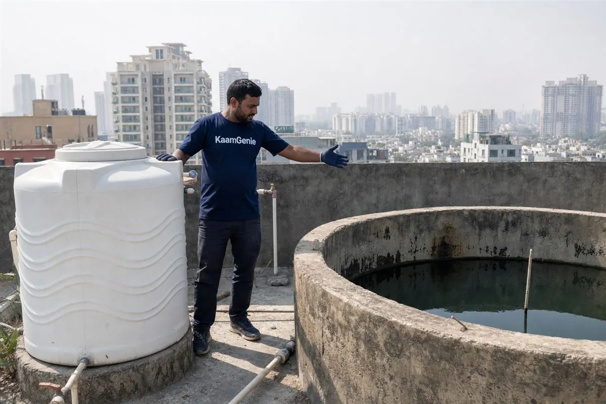 KaamGenie crew member scooping thick sediment from the bottom of a Gurgaon rooftop water tank into a bucket
