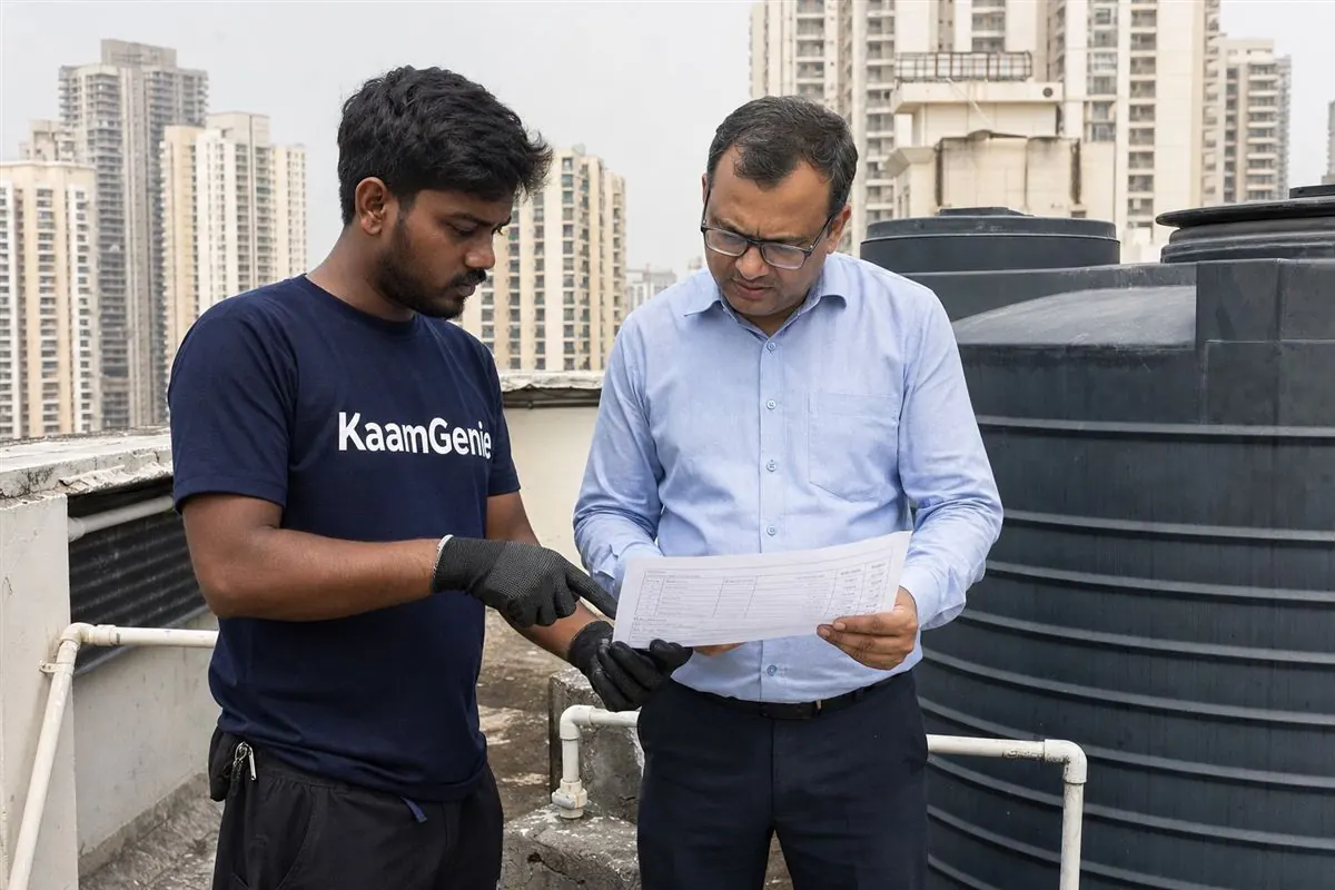 KaamGenie crew cleaning a rooftop overhead water tank on a Noida high-rise tower with other towers visible behind