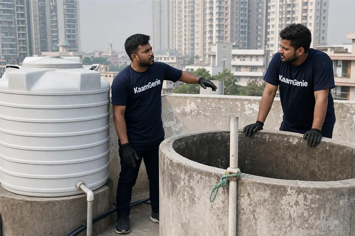 A small individual overhead loft tank inside a Noida flat being cleaned, with a crew member scrubbing the interior and before-photos being taken