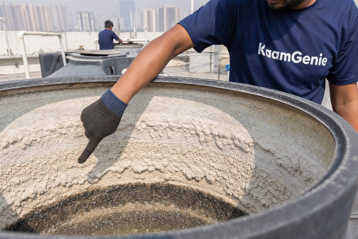 A large underground reservoir being cleaned at a Noida society, crew member in confined-space gear draining and scooping sludge from the sump floor