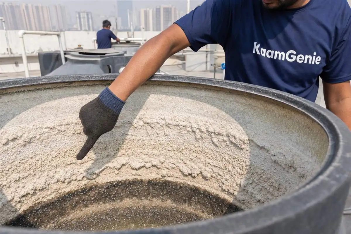 A large underground reservoir being cleaned at a Noida society, crew member in confined-space gear draining and scooping sludge from the sump floor